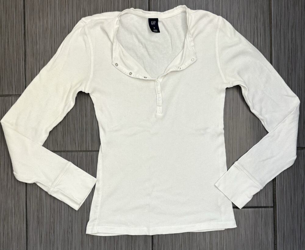 Gap Long Sleeve Ribbed Henley Shirt Women’s Medium White Cotton Blend